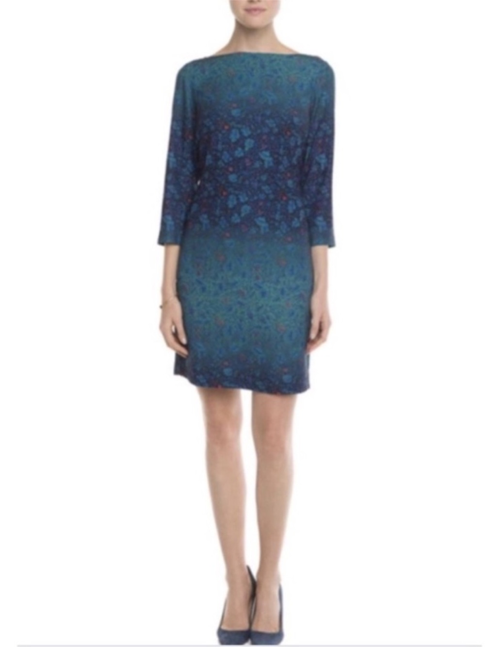 Like New Marchesa Voyage Teal Blue Floral Degrade Shift Cocktail Dress Sz 4